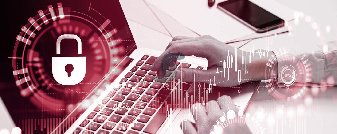 Top view of businessman fingers typing on laptop keyboard, double exposure, forex candlesticks and bar chart hud, glowing security lock and data protection. Concept of big business data